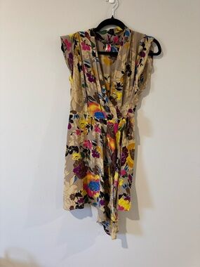Pinkerton Silk Floral Beige Wrap Midi Dress with Multicolor Blooms